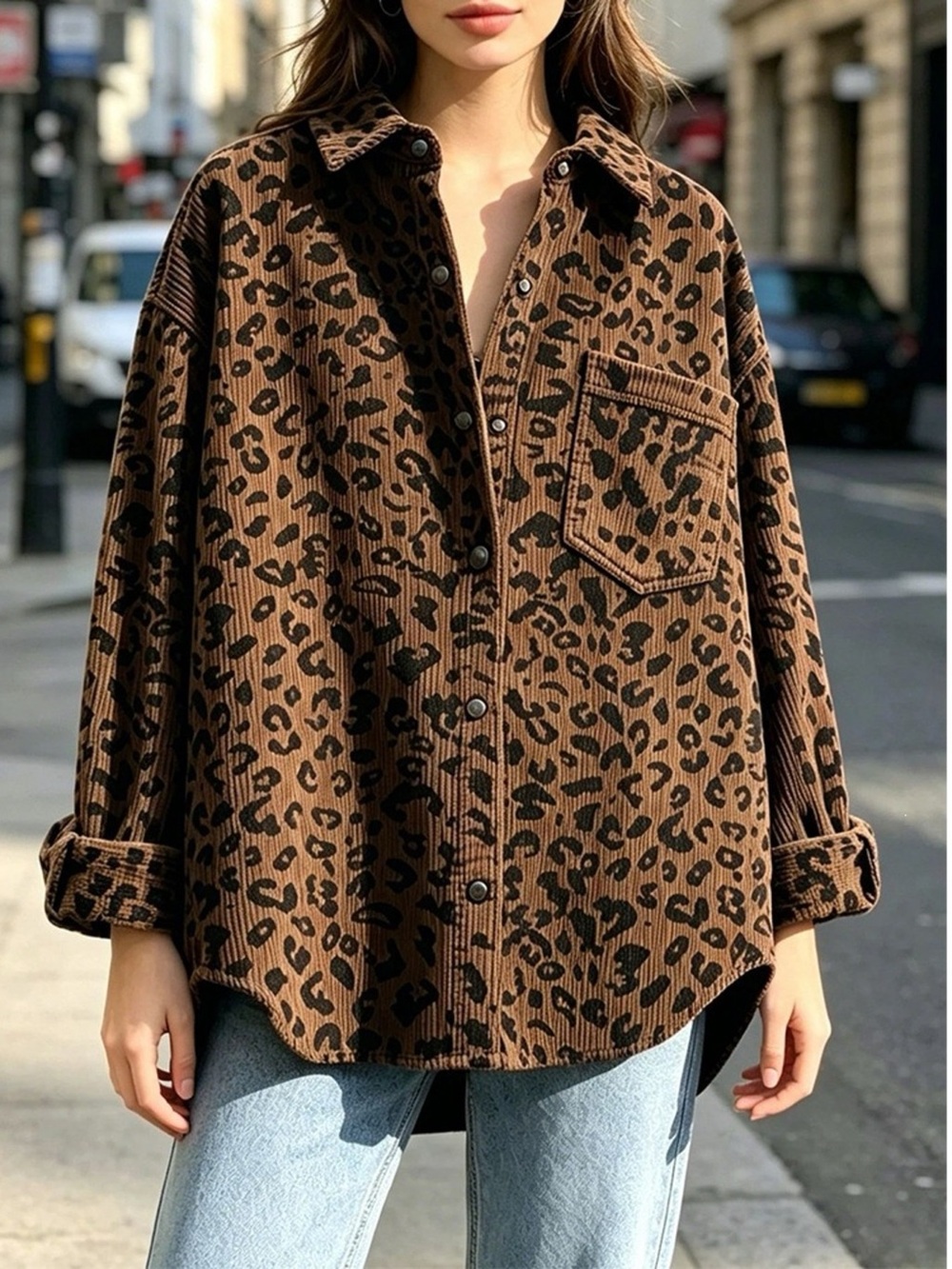 Oversized Leopard Corduroy Button-Down Shirt